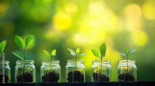 This captivating image showcases fresh green plants growing in jars filled with soil, set against a soft-focus background. Ideal for themes of growth and nature.