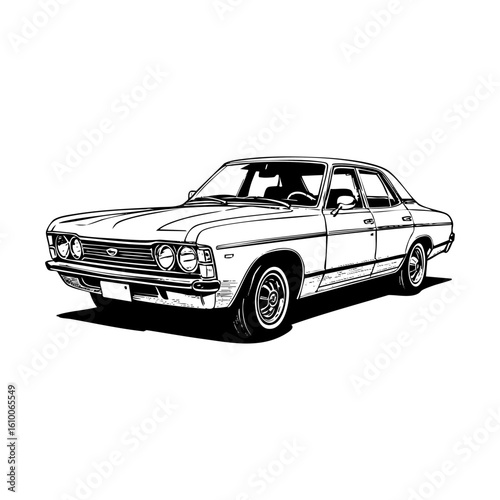 Classic car sketch engraving black and white outline. Scratch board imitation.  illustrated in vintage line art style on a white background.