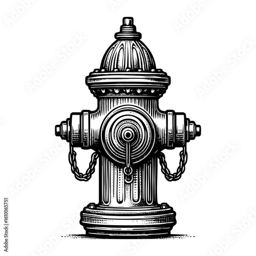 Water hydrant engraving black and white outline. Scratch board imitation.  illustrated in vintage line art style on a white background.