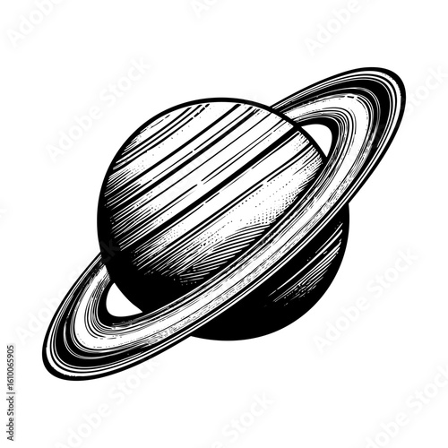 saturn planet sketch engraving black and white outline. Scratch board imitation.