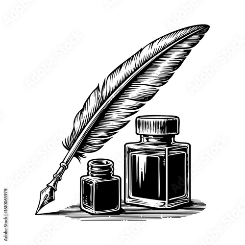 quill pen next to an inkwell sketch engraving black and white outline. Scratch board imitation.  illustrated in vintage line art style on a white background.