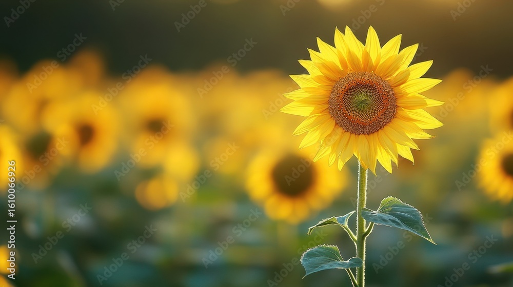 Fototapeta premium A stunning sunflower stands tall amidst a lush field, basking in warm golden light. This vibrant bloom represents beauty and tranquility in nature.