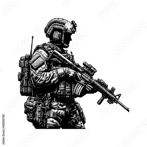 Soldier running with rifle and full gear engraving black and white outline. Scratch board imitation.