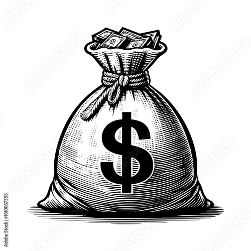 sack of money sketch engraving black and white outline. Scratch board imitation.