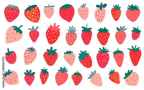 Doodle strawberry icons. Red and pink simple sweet fruit dessert hand drawn vector set