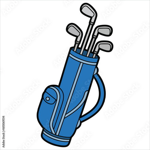 Vector illustration of blue and black golf bag packed with clubs ideal for golf sport branding, equipment designs and athlete promotions.