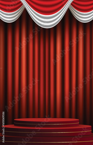 Red velvet curtain with red round podium with Indonesian, Monaco Flag for  banner stage backdrop