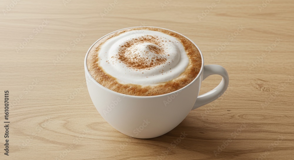 Obraz premium Close-Up of Creamy Coffee with Frothy Milk Topped with Cinnamon on a Natural Wooden Table Surface