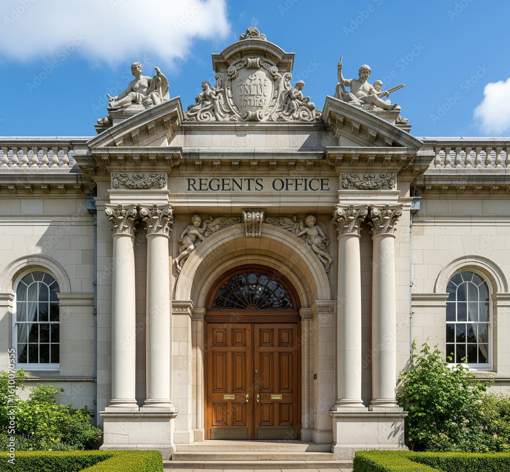 Obraz premium Elegant stone building entrance with ornate carvings and a wooden door under a bright sky.