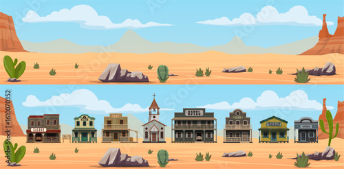 Desert landscape and Western Wild West town cartoon buildings. Old saloon, store, sheriff office and bank vector houses, church, hotel, pharmacy and post wood houses, Western street rural architecture