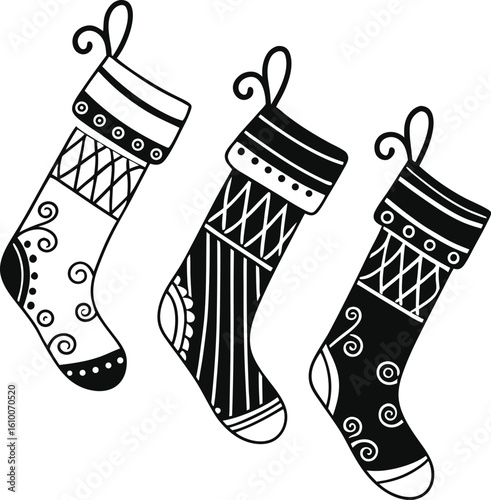 christmas holiday hanging socks black white art