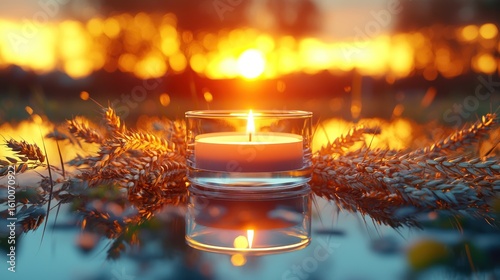 Lit candle by wheat at sunset, reflective surface