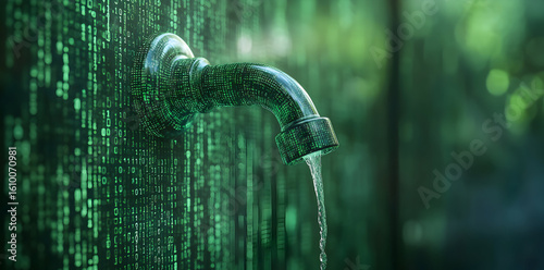 Futuristic water faucet pouring liquid against a digital matrix wall, illustrating technology and data leak