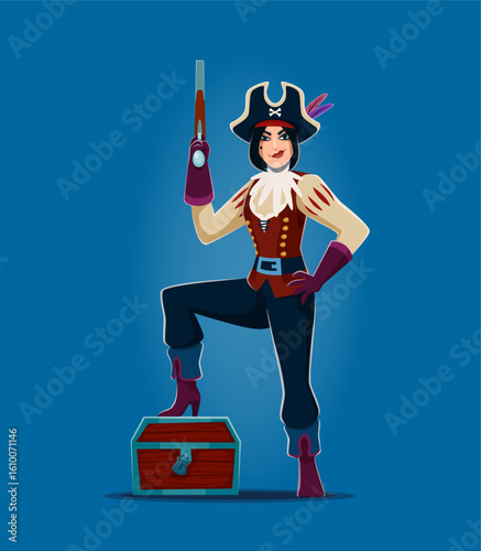 Cartoon pirate woman captain character. Isolated vector female queen corsair with flamboyant pose, holding a rifle and standing on a treasure chest, dressed in traditional tricorn hat with feathers