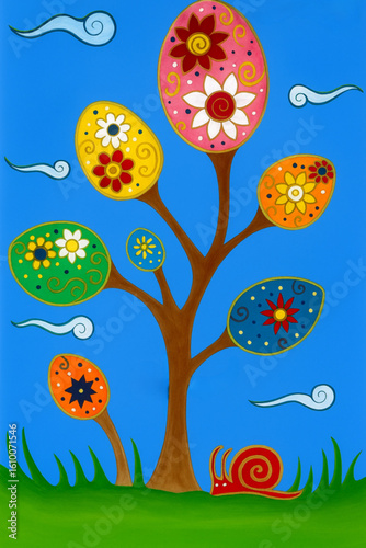 Whimsical Tree Illustration with Colorful Egg-Shaped Leaves and Floral Patterns.  Hand-Painted afntasy nature artwork. It was drawn by hand and then corrected with artificial intelligence.