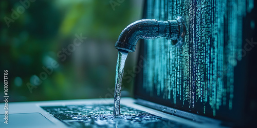 Water flowing from a pipe into an open laptop, creating a data leak