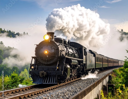 Steam train on a mountain bridge