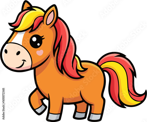 Cartoon illustration of a cute, orange-colored pony with vibrant mane and tail.