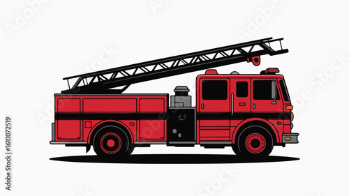 Red fire truck with extended ladder and black accents vector