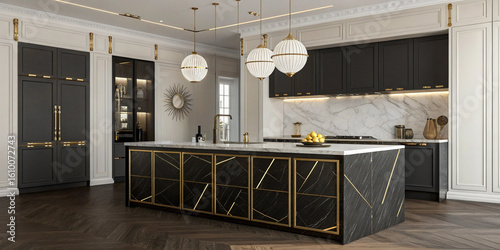 Sleek black and gold kitchen island with marble countertop, dark hardwood floor and pendant lights.
