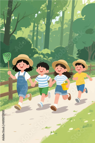 
Summer in search of insects! Illustration of outings and leisure activities Having fun in the forest, experiencing the forest with friends