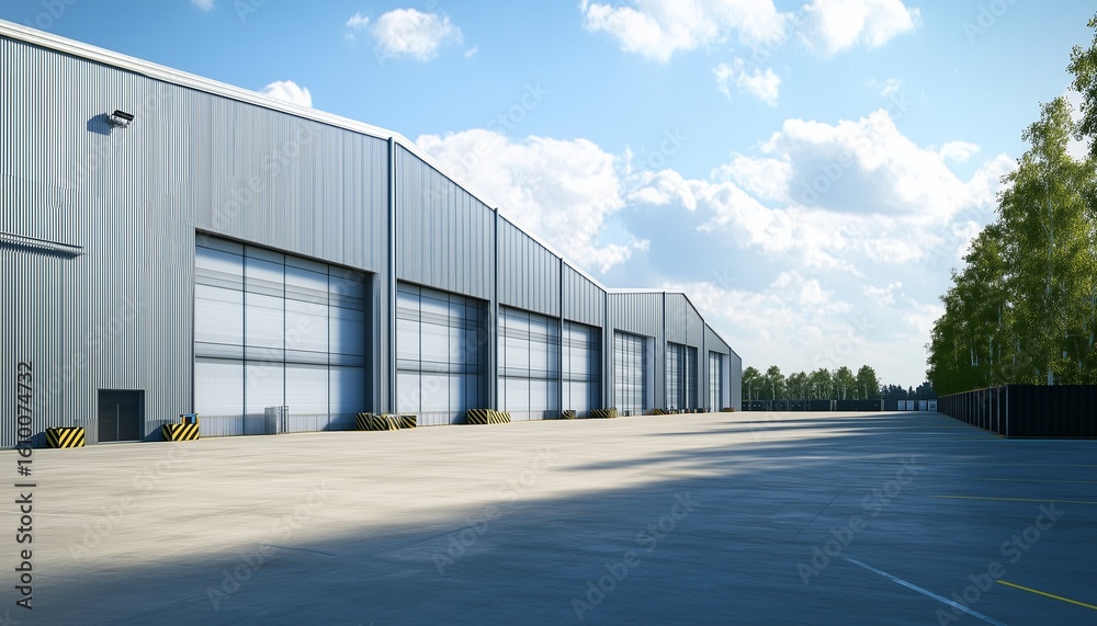 Modern outdoor warehouse exterior building with sky view Modern outdoor warehouse exterior building with sky view