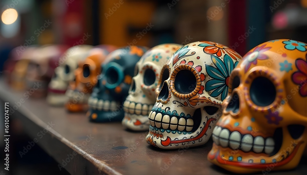 Fototapeta premium A vibrant display of sugar skulls on a shelf, part of an ofrenda for Día de los Muertos, with marigolds behind