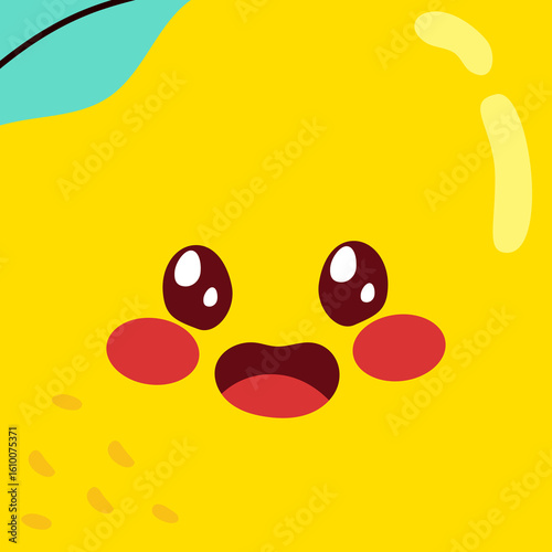 A zoomed-in cartoon lemon with expressive features and a vibrant face vector illustration. Drawing for food packaging, children’s content or fun educational materials