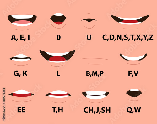 Collection of cartoon male mouths showing various phoneme positions vector illustration. Design elements for animation, rigging and character dialogue creation