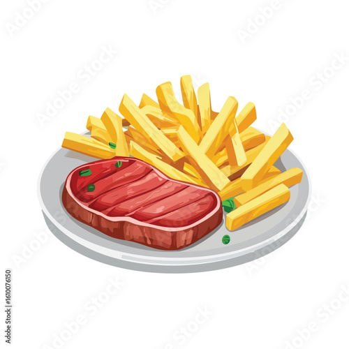 Vector Illustration of Beef Steak with French Fries – Isolated Flat Design of Juicy Grilled Meat and Crispy Fries on White Background for Menu, Icon, Infographic, or Culinary Graphics Use