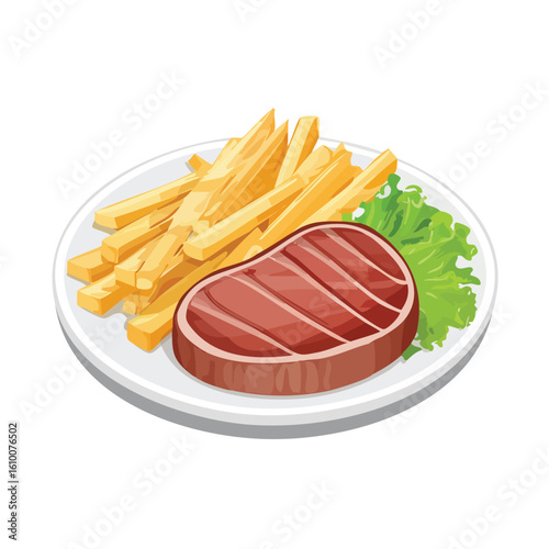 Vector Illustration of Beef Steak with French Fries – Isolated Flat Design of Juicy Grilled Meat and Crispy Fries on White Background for Menu, Icon, Infographic, or Culinary Graphics Use