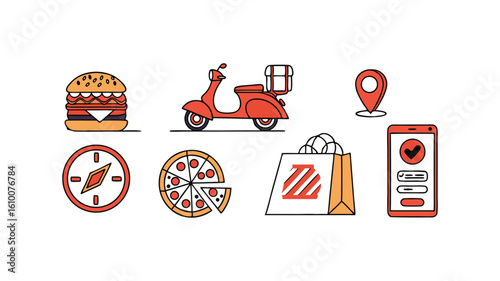 Online Food Ordering and Delivery Icon Set