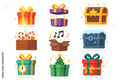 Flat Coloring Magical Christmas Box Icons, Festive Holiday Fantasy Set