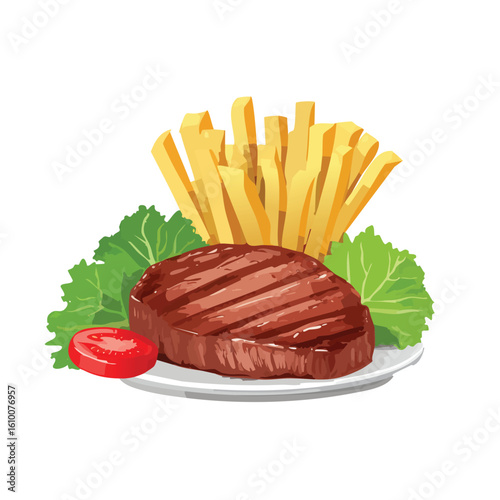 Vector Illustration of Beef Steak with French Fries – Isolated Flat Design of Juicy Grilled Meat and Crispy Fries on White Background for Menu, Icon, Infographic, or Culinary Graphics Use