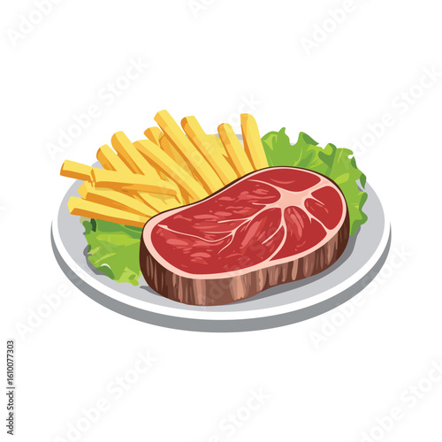 Vector Illustration of Beef Steak with French Fries – Isolated Flat Design of Juicy Grilled Meat and Crispy Fries on White Background for Menu, Icon, Infographic, or Culinary Graphics Use