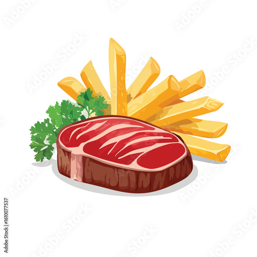 Vector Illustration of Beef Steak with French Fries – Isolated Flat Design of Juicy Grilled Meat and Crispy Fries on White Background for Menu, Icon, Infographic, or Culinary Graphics Use