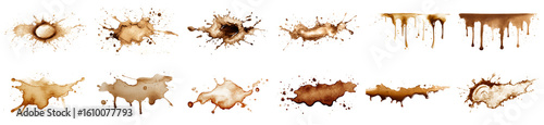 A collection of isolated coffee stains in various shapes and sizes on a clean white background. Perfect for graphic design, art projects, and creative visuals.