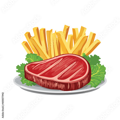 Vector Illustration of Beef Steak with French Fries – Isolated Flat Design of Juicy Grilled Meat and Crispy Fries on White Background for Menu, Icon, Infographic, or Culinary Graphics Use