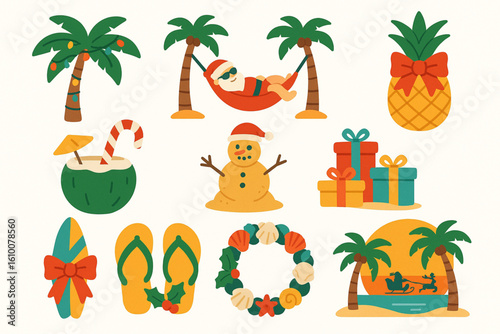 Flat Coloring Tropical Christmas Icons, Beach Holiday Festive Set