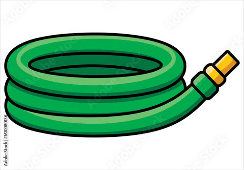 Green hose gardening tool vector illustration suitable for outdoor garden care, irrigation systems and nature themed visuals.