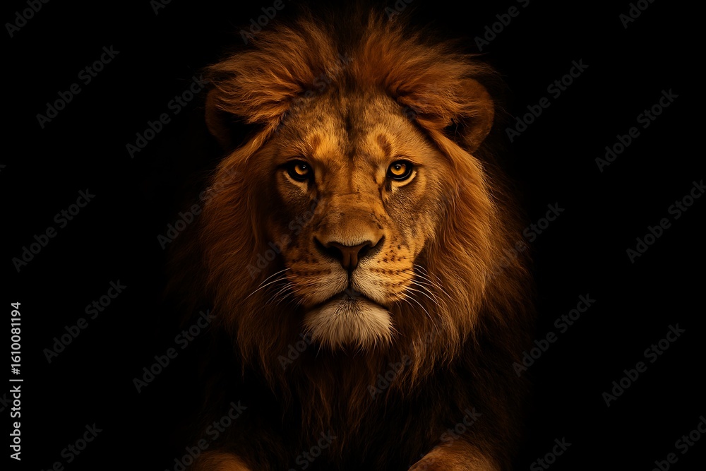 Fototapeta premium Intense portrait of a lion with a commanding gaze, highlighting its majestic mane and sharp features in stunning low light photography