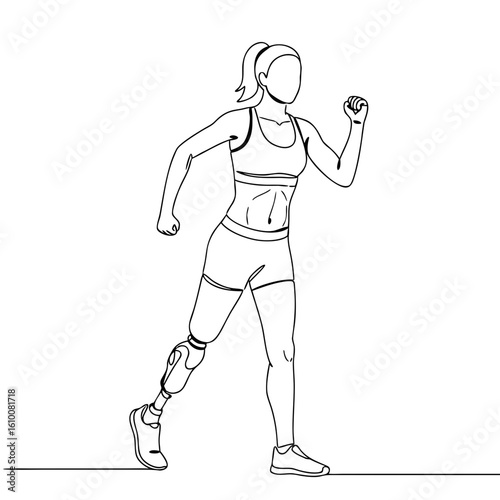 Young woman running with prosthetic leg in athletic wear  