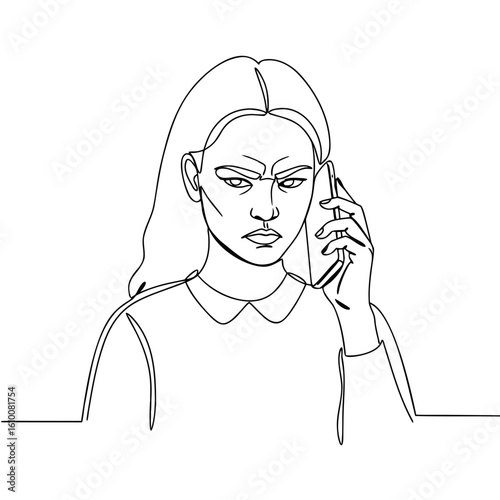 Grumpy woman talking on the phone with a serious expression  