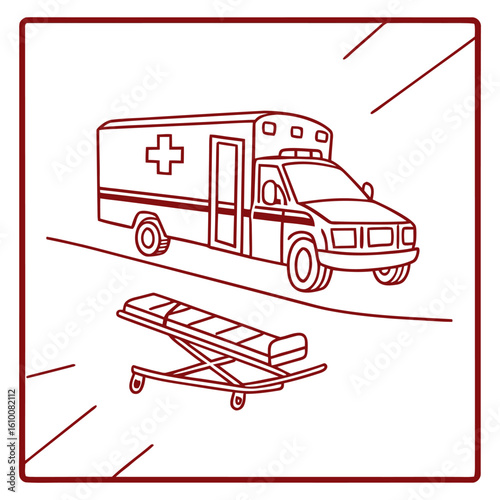 Ambulance and Stretcher Outline Illustration for Medical Emergency Services Concept