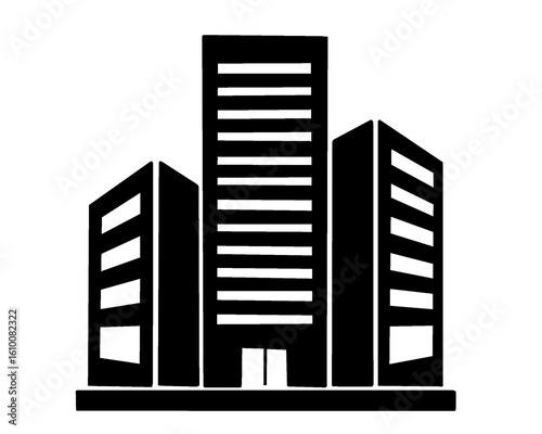 Building silhouette. Black and white hotel icon. Tall building isolated on a white background. Vector illustration.
