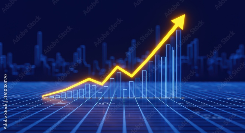Naklejka premium Visualizing a Consistent Upward Trend on a Digital Grid With a Futuristic Cityscape in the Background Illustrating Growth and Progress