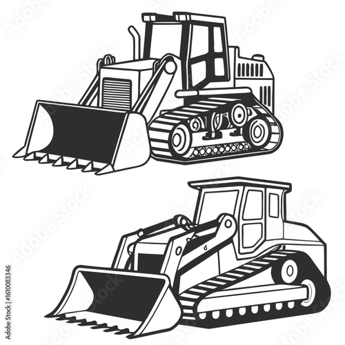 Two bulldozer construction vehicles in black and white line art style