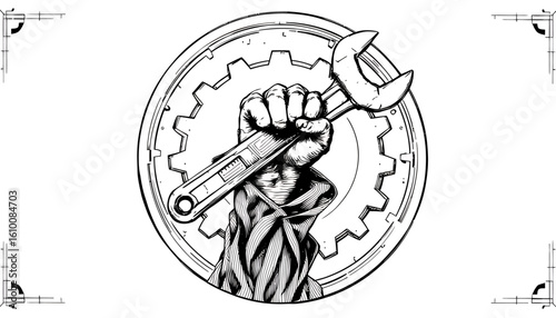 A powerful hand grips an adjustable wrench against a detailed gear background, a vector illustration ideal for mechanics, industry, and DIY projects, conveying strength and precision.