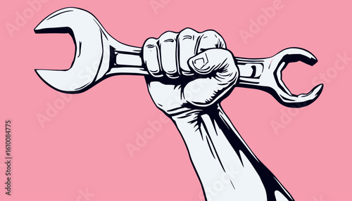 Close-up of a strong hand firmly gripping a shiny metallic adjustable wrench against a vibrant pink background, symbolizing repair and construction.