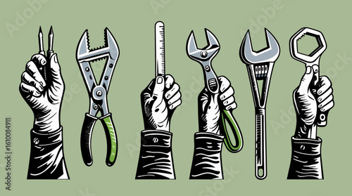 Illustration depicting a collection of hand tools, including wrenches and pliers, held aloft by hands in a vintage, engraved style on a light green background.